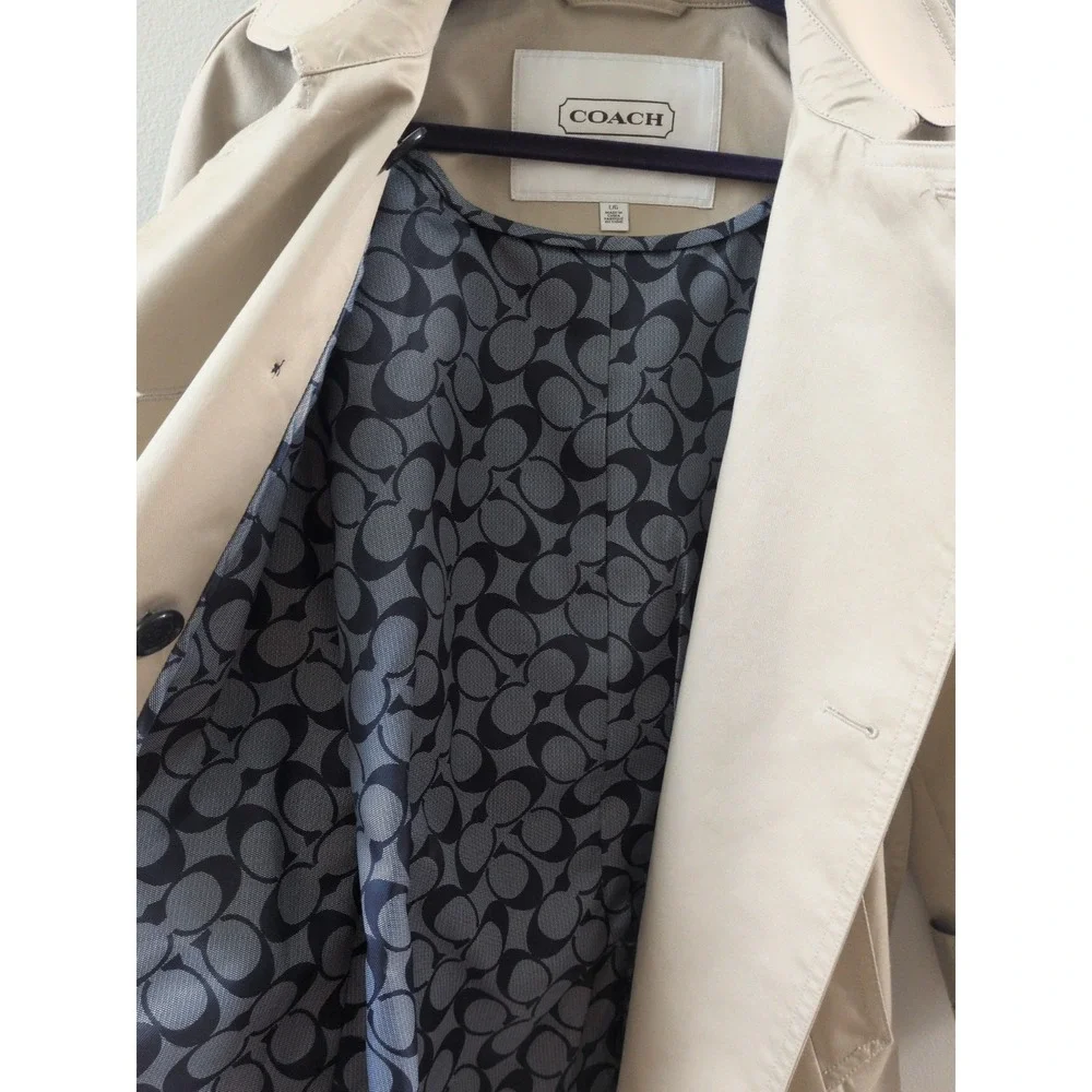 Coach Women's Khaki Peacoat With Signature Blue Logo Design Inner Lining (Large)